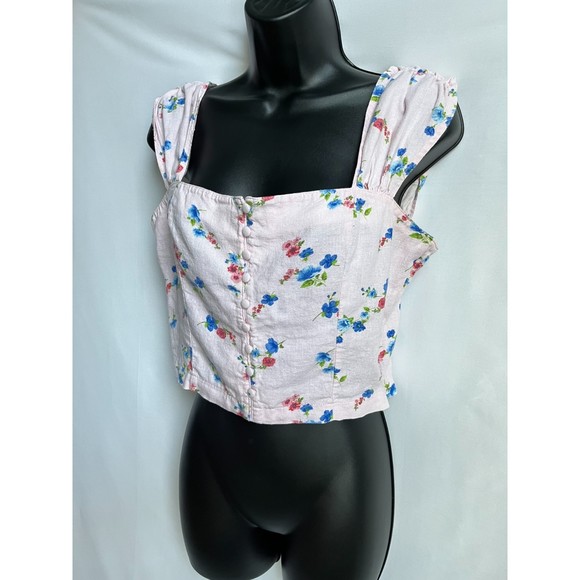 Forever 21 Barbiecore Linen Crop Top Floral Size M Ruffles Pink Button Front - Picture 3 of 10